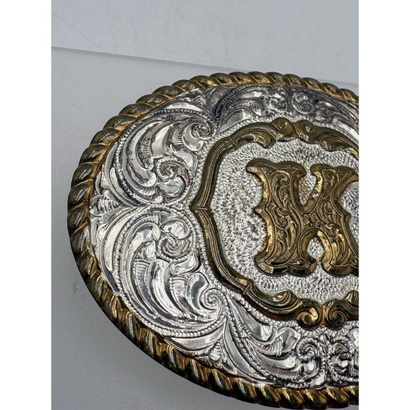 Crumrine Letter K Western Engraved Oval Belt Buckle USA Silverplate Gold Accent main image 5